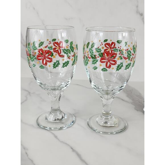 Libbey Christmas Holly and Ribbon Water Goblets 16oz Holiday 80s x4 Made in USA - Picture 3 of 12